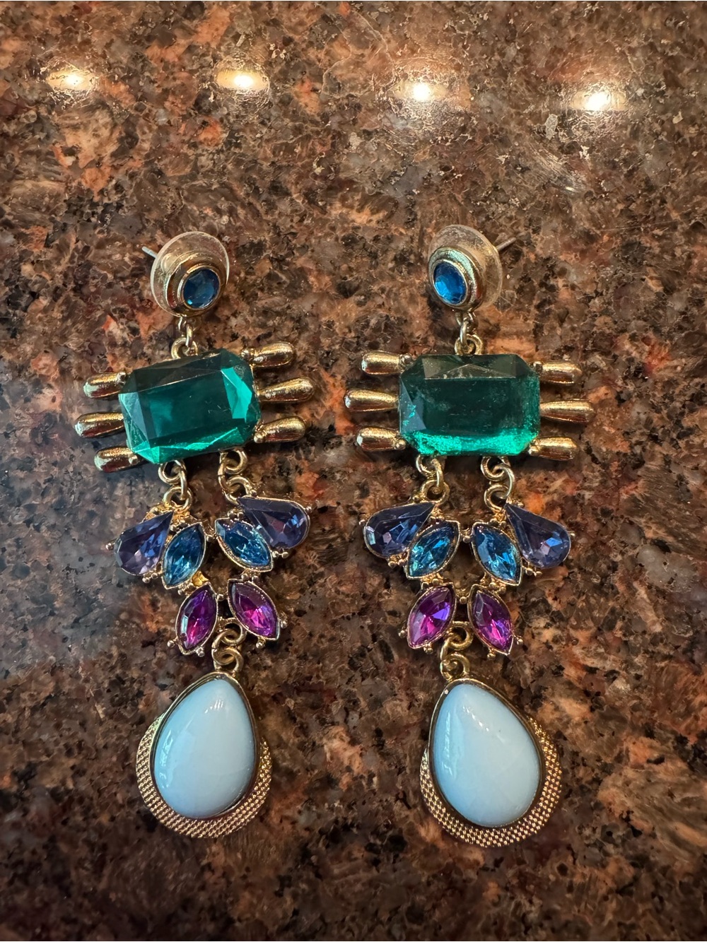 Gold-Tone Statement Earrings with Emerald Green, Blue, Purple Accents